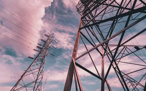Structure pattern view of high voltage pole power transmission tower Stock Photos