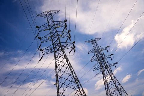 Structure pattern view of high voltage pole power transmission tower Stock Photos