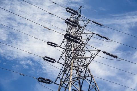 Structure pattern view of high voltage pole power transmission tower Stock Photos