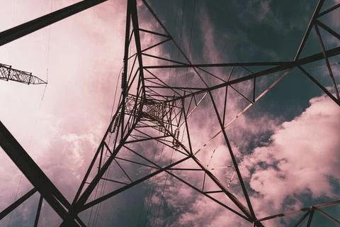 Structure pattern view of high voltage pole power transmission tower Stock Photos