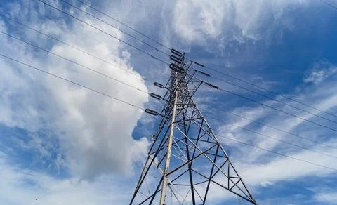 Structure pattern view of high voltage pole power transmission tower Stock Photos