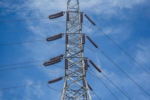 Structure pattern view of high voltage pole power transmission tower Stock Photos
