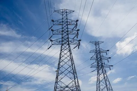 Structure pattern view of high voltage pole power transmission tower Stock Photos