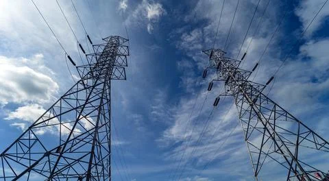 Structure pattern view of high voltage pole power transmission tower Stock Photos