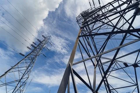 Structure pattern view of high voltage pole power transmission tower Stock Photos