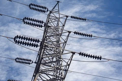 Structure pattern view of high voltage pole power transmission tower Stock Photos