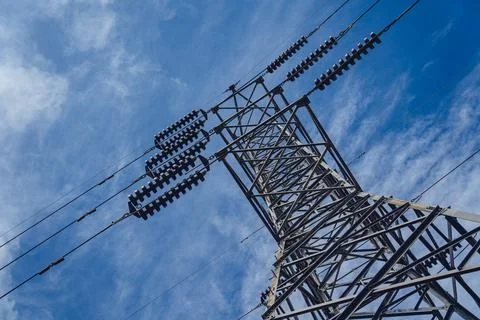 Structure pattern view of high voltage pole power transmission tower Stock Photos