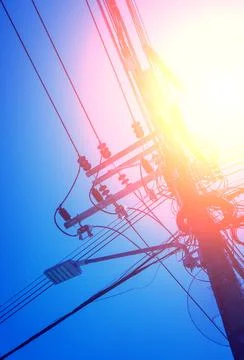Structure pattern view of high voltage pole power transmission tower Stock Photos