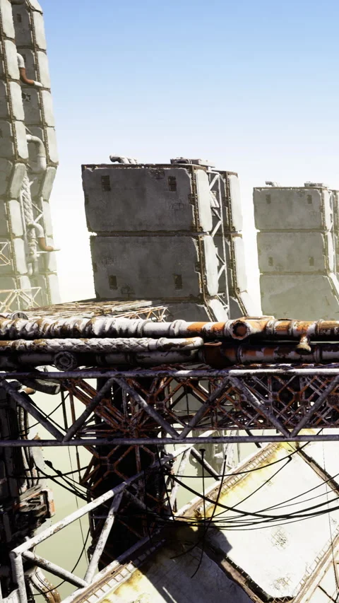 Structure on a platform overlooking a vast empty space in a bright setting Stock Footage 334258534