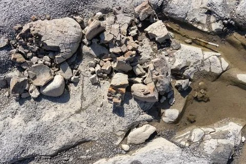 The structure of the rock bottom is a shallow mountain river, a stone shelf, Stock Photos