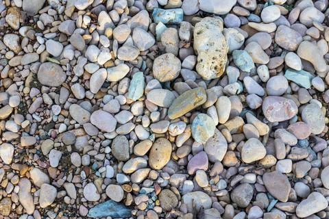 The structure of the rocky bottom in the shallow part of the river flowing in Stock Photos