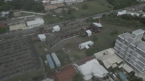 Structure set up to receive the athletes, buildings, race track and finish line. Stock Footage 239660928
