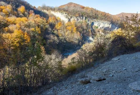 The structure of the stone bottom of a shallow river on a sunny day, a variet Stock Photos