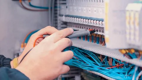 Structured cabling installation process in residential building electrical .. Stock Photos