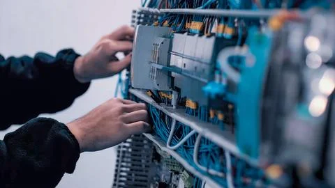 Structured cabling installation process in residential building electrical .. Stock Photos