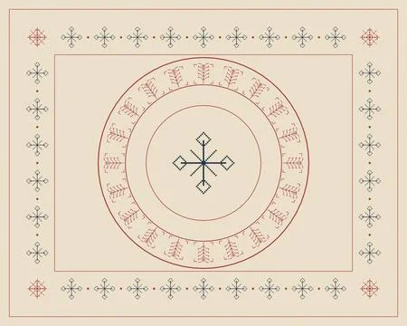 A structured rectangular frame surrounds a circular medallion and cross-lik.. Illustrazione stock