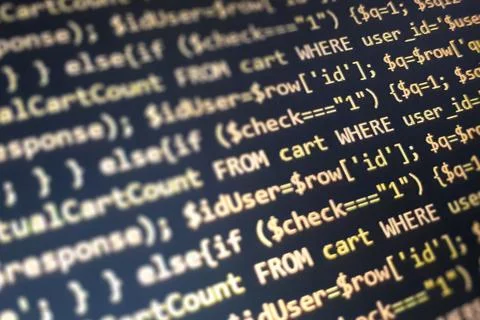 Structured sql code on monitor. SQL code on a dark background development Stock Photos