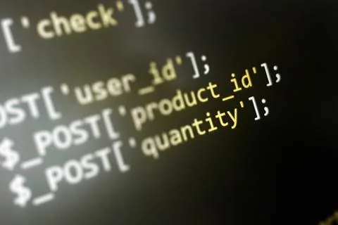 Structured sql code on monitor. SQL code on a dark background development Stock Photos