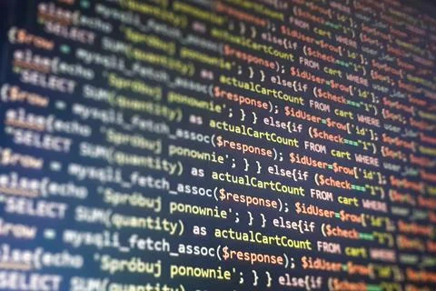 Structured sql code on monitor. SQL code on a dark background development Stock Photos