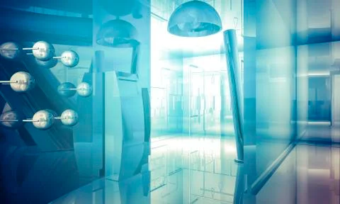 Structure.empty office with columns and large windows, indoor building. busin Ilustración de archivo