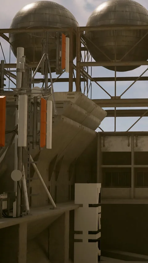 Structures and equipment at a futuristic facility with large round tanks Stock Footage 339412960