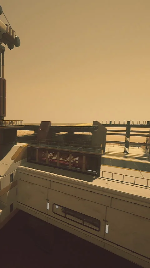 Structures are arranged on a large platform in a futuristic setting Stock Footage 334175837