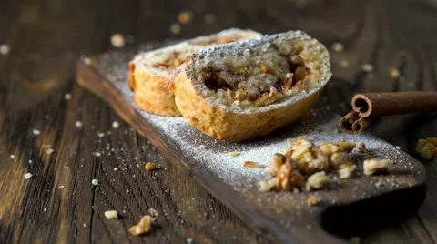 Strudel with apples and nuts. Stock Footage 65709229