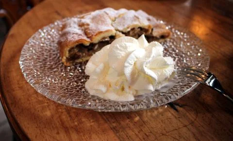 Strudel with cream Stock Photos