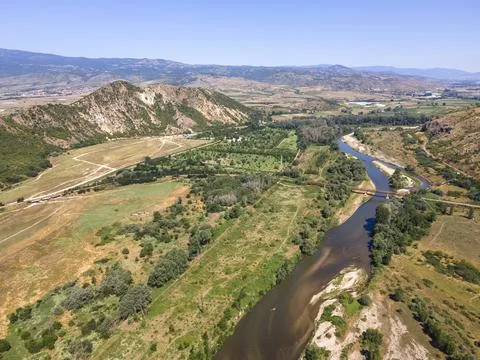 Struma river passing through the Petrich valley, Bulgaria Stock Photos