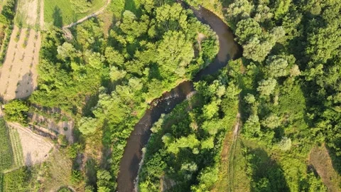 Strumeshnitsa river passing through the Petrich valley, Bulgaria Stock Footage 143469691