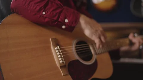 Strumming Hand on Martin Acoustic Guitar — Sound Hole Angle Stock Footage 335166327
