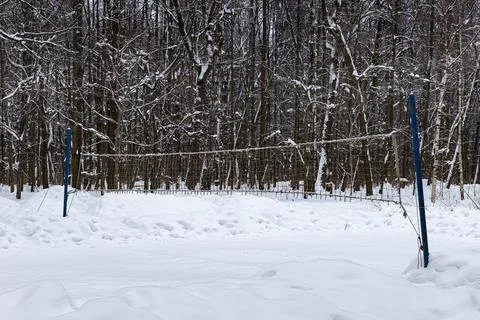 Strung volleyball stack in the park in winter Stock Photos