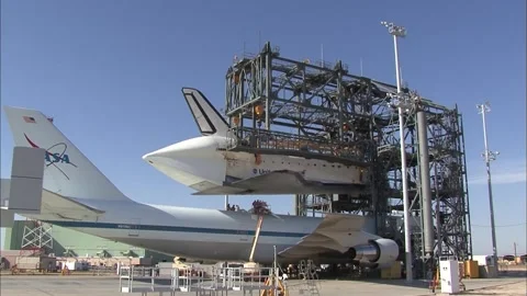 STS-125 Space Shuttle Atlantis mated with Boeing 747 for ferry flight to Kennedy Stock Footage 283627283
