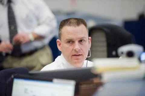 STS-130 ascent flight controllers on console in WFCR with Flight Director N.. Stock Photos