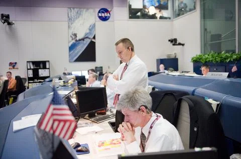 STS-130 ascent flight controllers on console in WFCR with Flight Director N.. Stock Photos