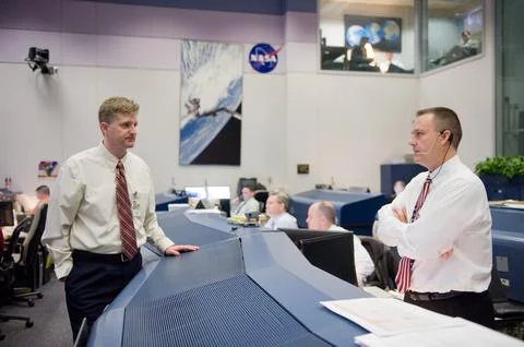 STS-130 ascent flight controllers on console in WFCR with Flight Director N.. Stock Photos
