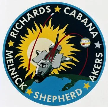 The STS-41 crew patch, designed by the five astronaut crewmembers, depicts... Stock Photos