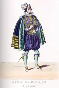 Stuart monarch King James I wearing ornate purple doublet, gold-trimmed att.. Stock Illustration