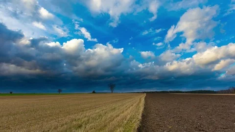 Stubble and plowed field under dark cloudy sky, 4k time lapse Stock Footage 83669950