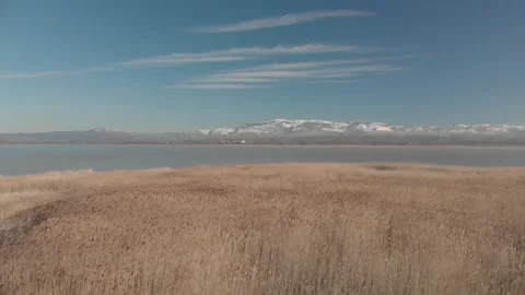 Stubble field and lake in the wind with snowy mountains, Winter, 4K 库存影片 196612093