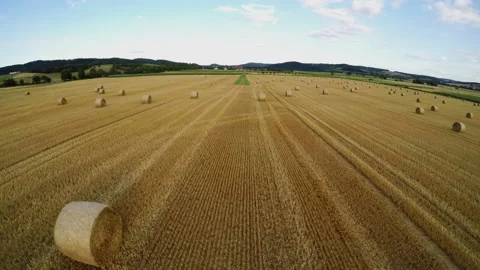 Stubble field with straw bale after harvest Stock Footage 145431402