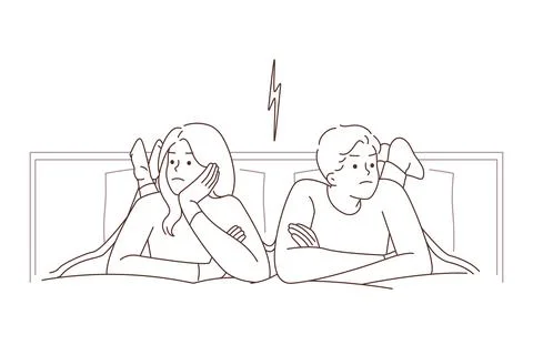 Stubborn couple in bed avoid talking Stock Illustration