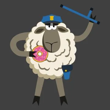 Stubborn Lamb Policeman with Donut Vector Stock Illustration