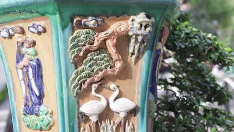 Stucco on pot with plant. Stock Footage 303369577