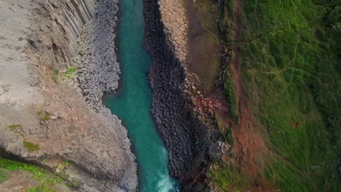 Studagil Canyon Looking Straight Down Aerial Tour Iceland Emerald Water Stock Footage 258480635