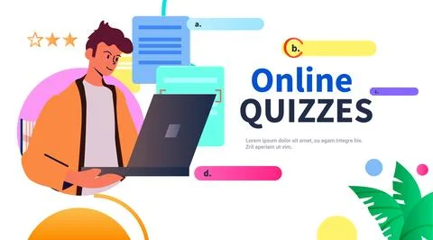 Studen guy chooses correct answer in test online quiz e-learning distance Illustrazione stock