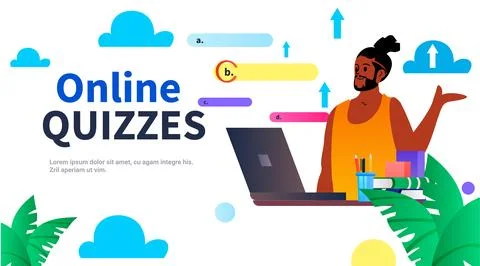 Studen guy chooses correct answer in test online quiz e-learning distance Stock Illustration