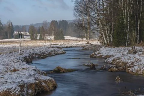 Studena Vltava river in winter cold morning with sunshine light Stock Photos