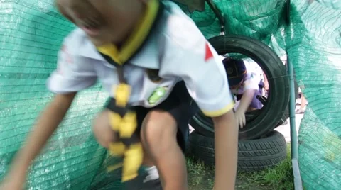 Student 7-8 years old, Welcome to Boy Scout camp Stock Footage 68855601