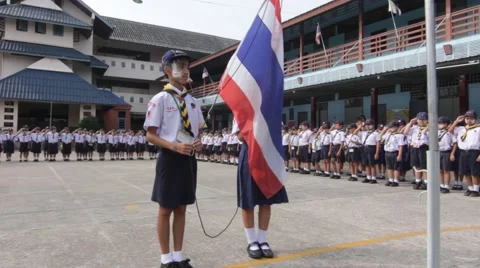 Student 7-8 years old, Scout sang the national anthem, Scout Camp Stock Footage 68856056